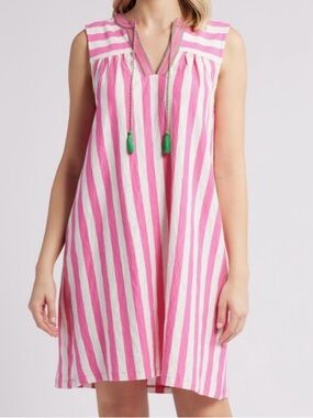 Boden Nadine 100% Cotton Shift Dress in Pink and White Stripe with Green Tassels